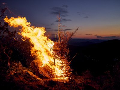 altesgestapeltes Gehölz und Reisig werden verbrannt auf dem Gipfel des Silberbergs  